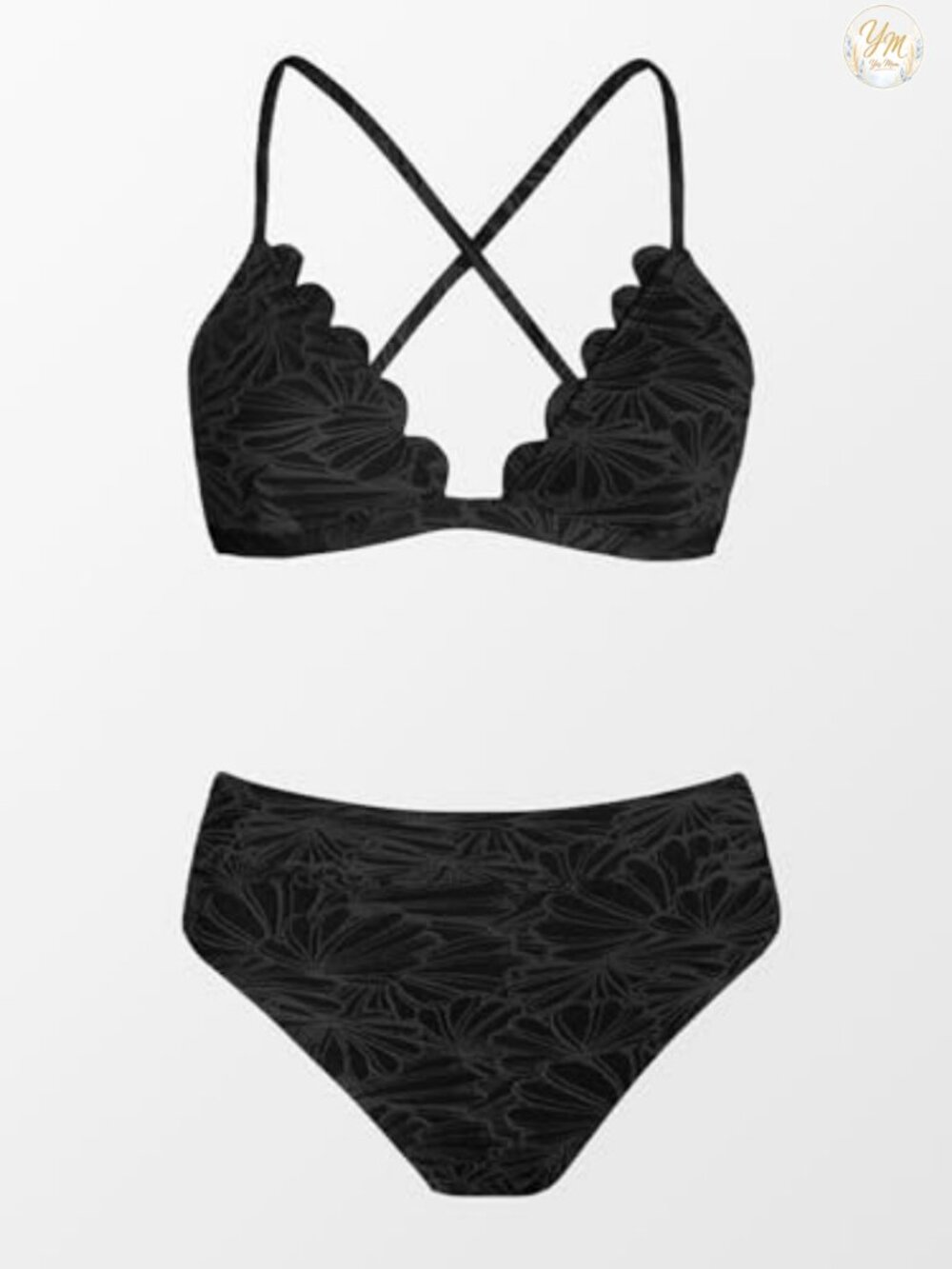 Women's High Waisted Bikini Set Scalloped V-Neck Textured Two Piece Swimwear - Picture 4 of 6